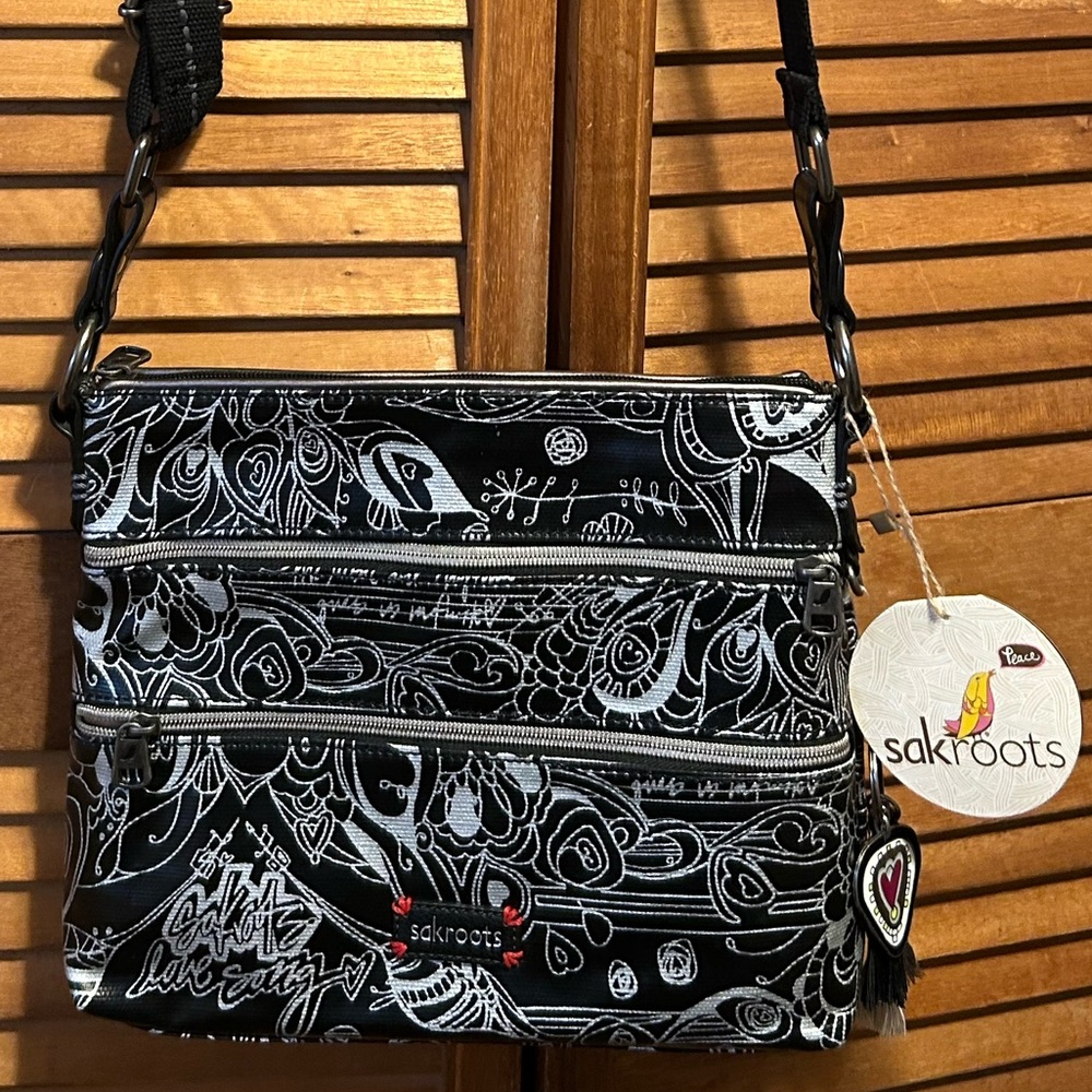 Sakroots Black & Metallic Silver Songbird Crossbody Messenger Bag w/Keychain
